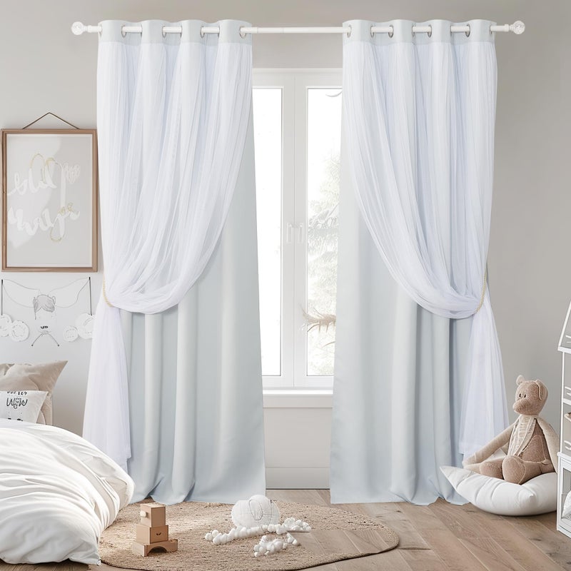 PONY DANCE Double Layer Blackout Curtains with White Sheer for Kids Room, Thermal Insulated Drapes 63 Inches Long for Bedroom with 4 Tiebacks, Nursery Window Decor, 2 Panels, Greyish White, 52W x 63L - Image 2